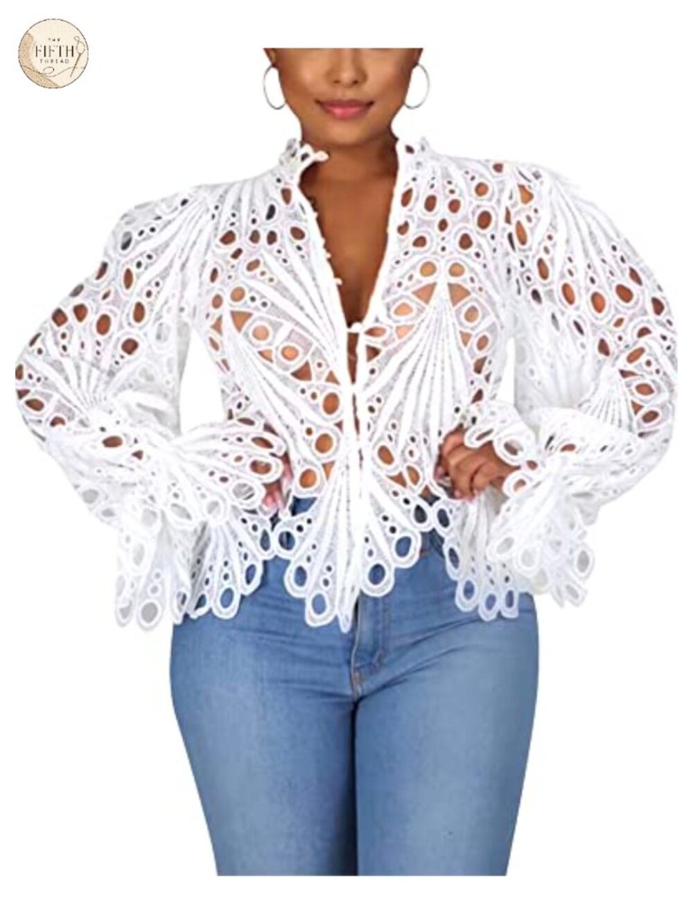 Lace Ruffle Puff Long Sleeve Button Down Top